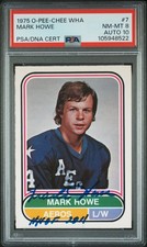 1975-76 O-Pee-Chee WHA Mark Howe Rookie Auto #7 PSA 8 / 10 - Aeros HOF RC