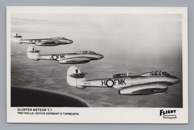 GLOSTER METEOR T.7 FORMATION REAL PHOTO POSTCARD RPPC RAF ROYAL AIR FORCE