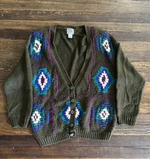 Vtg Hand Knit Cardigan Sweater Womens Medium Olive Green Chunky Grandma 90s 80s