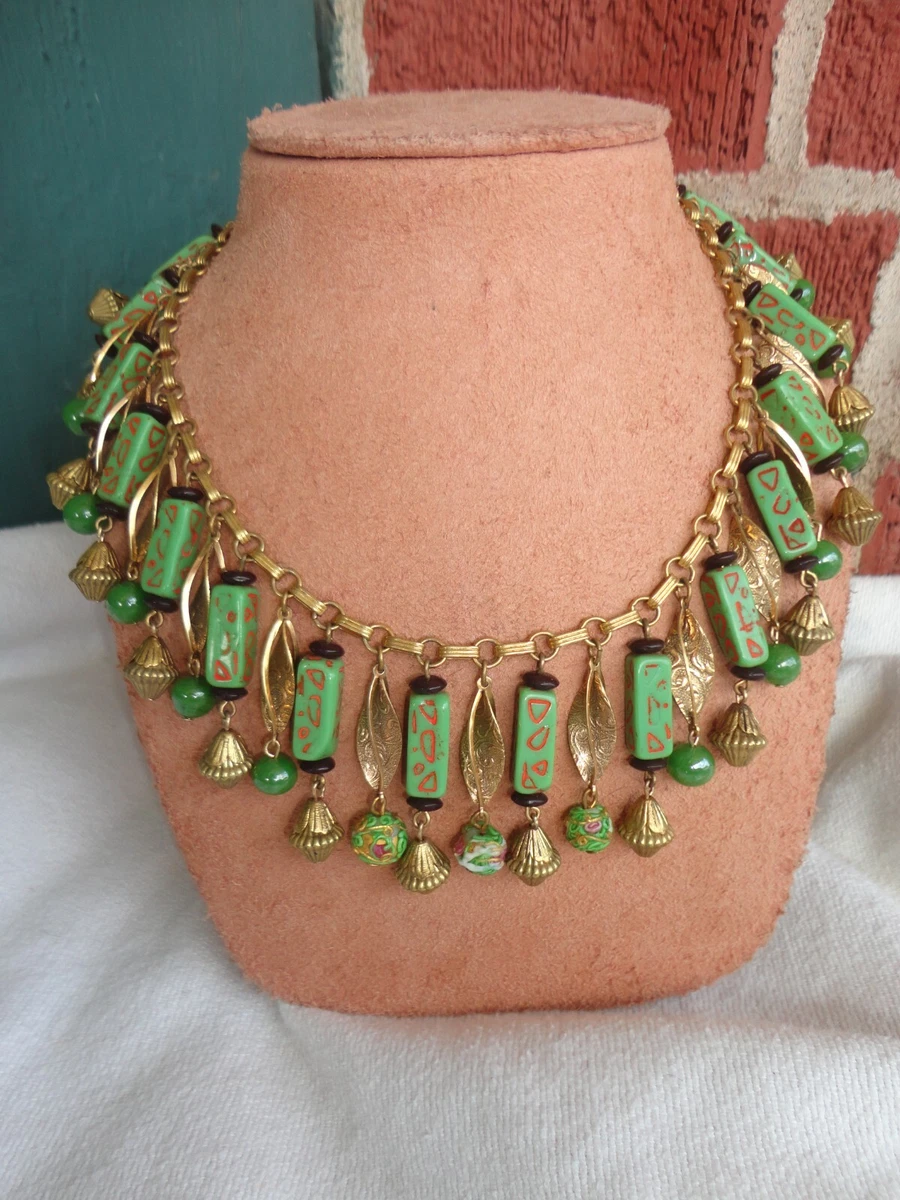 VINTAGE SIGNED FREIRICH EGYPTIAN ART DECO JADE GLASS COLLAR