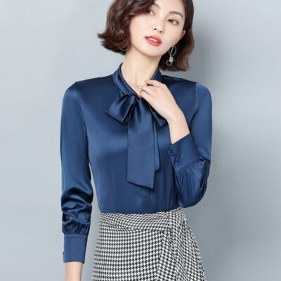 Chemisier femme fausse soie nœud chemise hauts satin formel