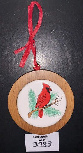Red Cardinal Bird Christmas Wooden Round Ornament Ceramic Painted Red Ribbon - Picture 6 of 10