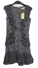 michael kors dress P/S black/white floral ruffle flare/fit chiffon lined $125