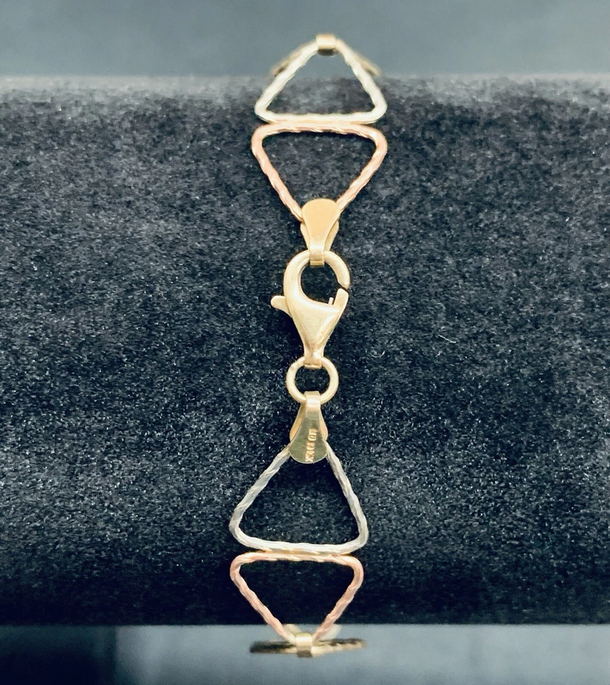 10k Yellow Gold Rose Gold White Gold 3 Tone Bow Tie Link Triangle Bracelet 7.5” - Image 3 of 4