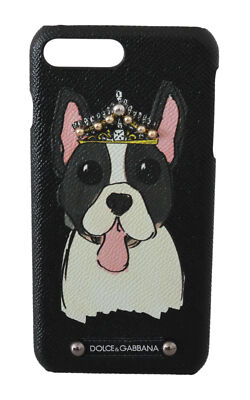 DOLCE & GABBANA Phone Case Black Leather Dog Crown Studs iPhone 7 Plus RRP $350