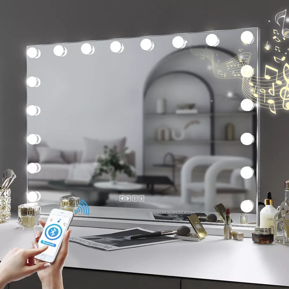 FENCHILIN Hollywood Mirror with Lighting Speaker USB Makeup Mirror with 15  Dimmable LED Lamps, Touch Control Makeup Mirror with Lighting 3 Light