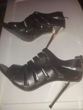 Cathy Jean Black Leather Chrome Stiletto Sandal Pumps 8.5-9
