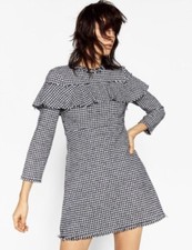Zara Woman Black & White Frilled Tweed Houndstooth Shift Dress Size S