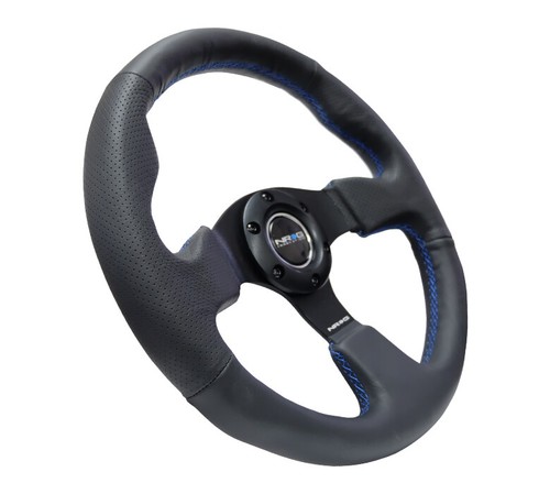 Volante inferior plano reforzado de cuero negro NRG® 320 mm con 3 radios negros - Imagen 2 de 3