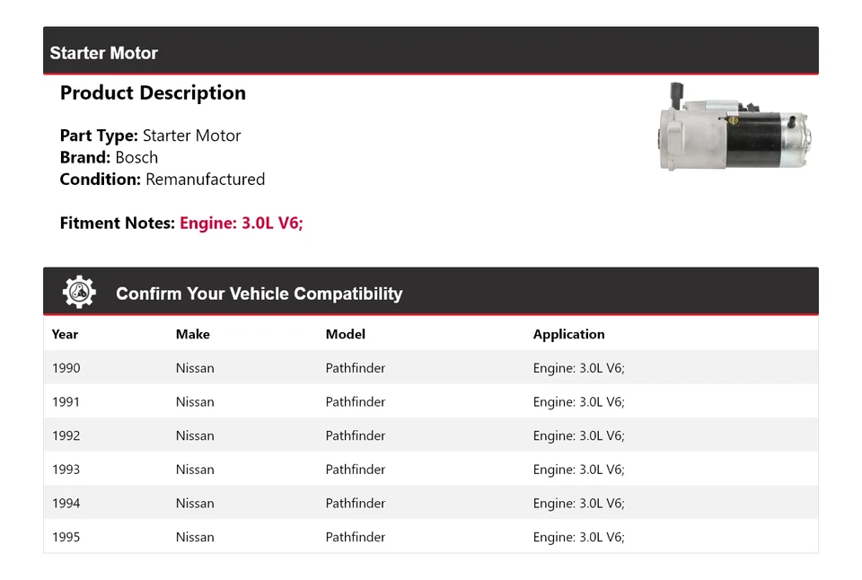 Arranque Bosch V6 3,0 L 1990-1995 Nissan Pathfinder (remanufacturado) 1991 1992 Foto 2 de 4