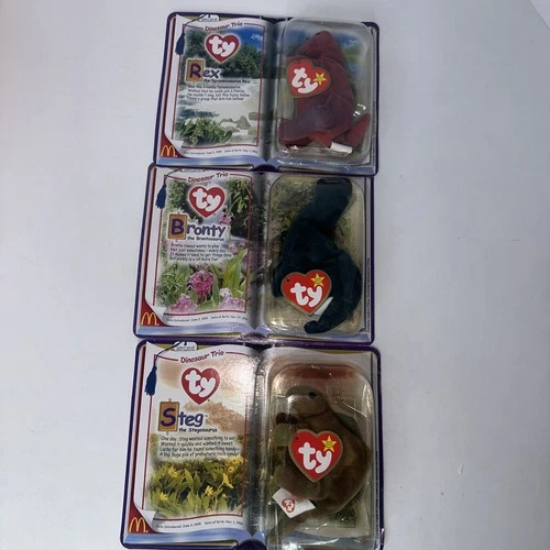 VTG TY Teenie Beanie Babies McDonalds Dinosaur Trio Rex Steg Bronty 2000 Package