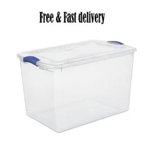 Large Storage Bin, 66 Quart Clear Plastic Storage Container with Latch Lid, Blue
