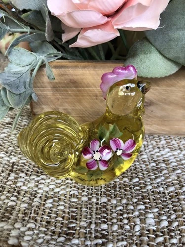 Fenton HP Yellow Rooster-Pink Flowers- Green Leaves-Signed Ty Mendenhall