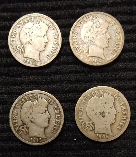 Lot Of 4 Barber Silver Dimes  - (2) 1903, 1906, 1913