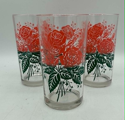 3 Vintage Anchor Hocking Pink Roses Glass Drinking Tumblers Barware
