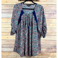 Signature Studio Womens Blue Boho Paisley Tab Sleeve Semi Sheer Blouse 2X