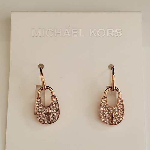 Michael Kors Heritage Rose Gold Tone Pave Crystal Padlock Drop Earrings NWT