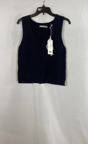 Vince Women's Navy Ribbed V-Neck Shell Top Italian Yarn 100% Cotton NWT S