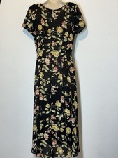 Vintage Cottagecore Maxi Dress Sz 10 Black Dark Floral Flowy Fairy Whimsigoth