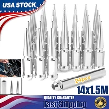 24 PCS Chrome Spike Lug Nuts 14x1.5 4.4" Tall w/ Key For Chevy Silverado Tahoe