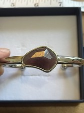 Unisex Silver Open Cuff Bangle Bracelet with Freeform Faceted Purple Gemstone