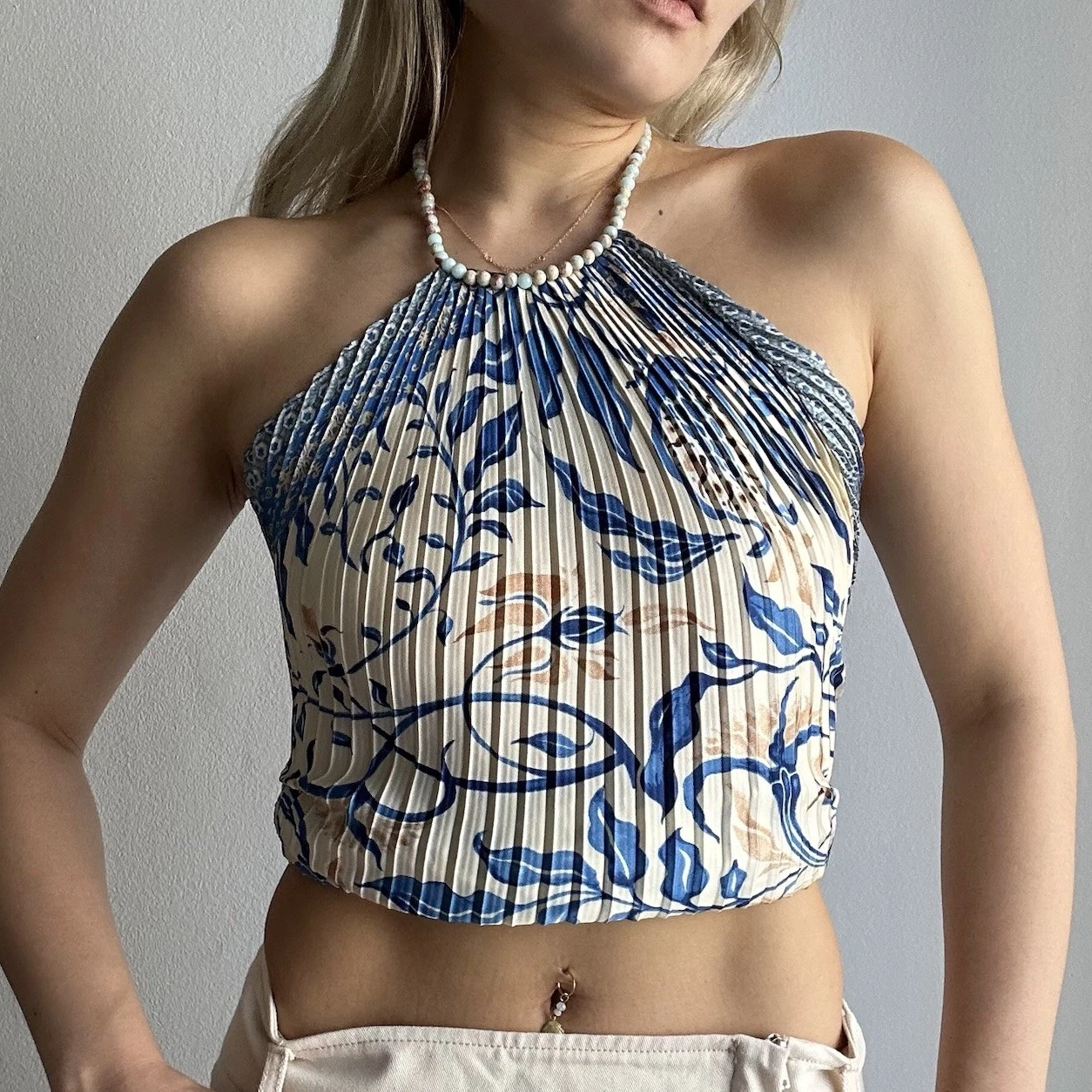 NWOT Handmade Multiway Pleated Satin Scarf Tie Top Beaded Neck Strap Blue Cream
