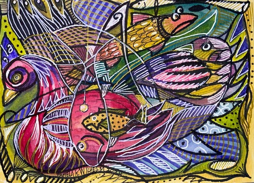 Pamela Wilhelm original 5”X7” Ink & Watercolor Birds Fish Rich Colors Patterns - Picture 2 of 2