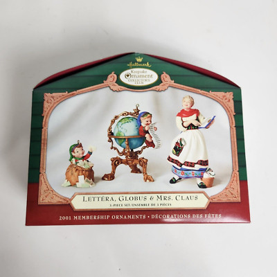 2001 Hallmark Keepsake Lettera, Globus & Mrs Claus Ornament Set Collector's Club