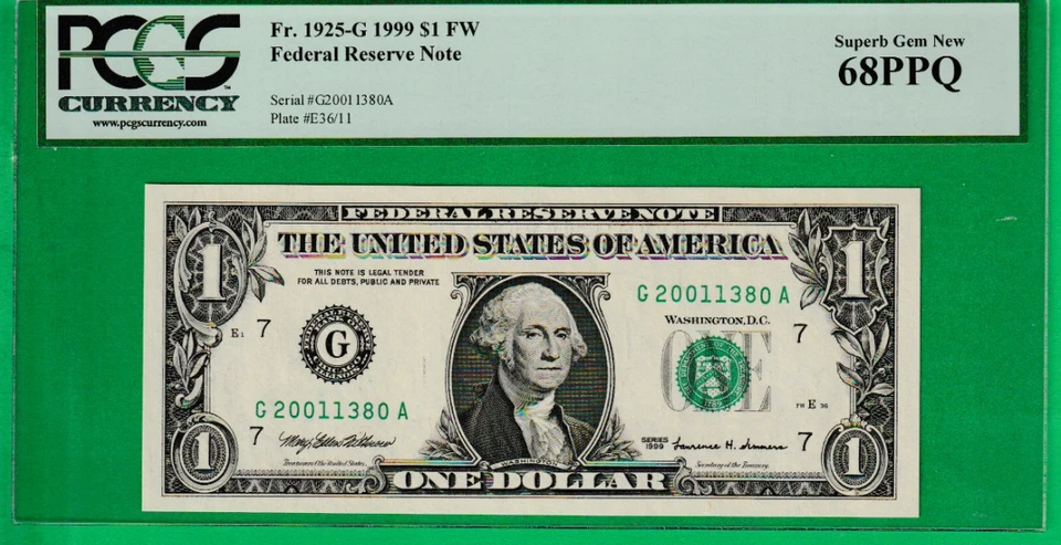 1999  $1  Federal Reserve note BIRTH YEAR Serial Numbers "" 2001 "" 1380 PCGS 68 - Image 2 of 3