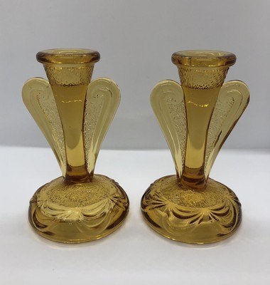 Uranium glass pressed glass decor. green glass Bagley Glass Rutland pattern 3078 pair of art deco candlestick holders depression glass