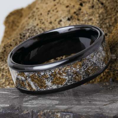Fused Impact - Dinosaur Meteorite Glow Ring, Black Ceramic Mens Wedding Band 8mm