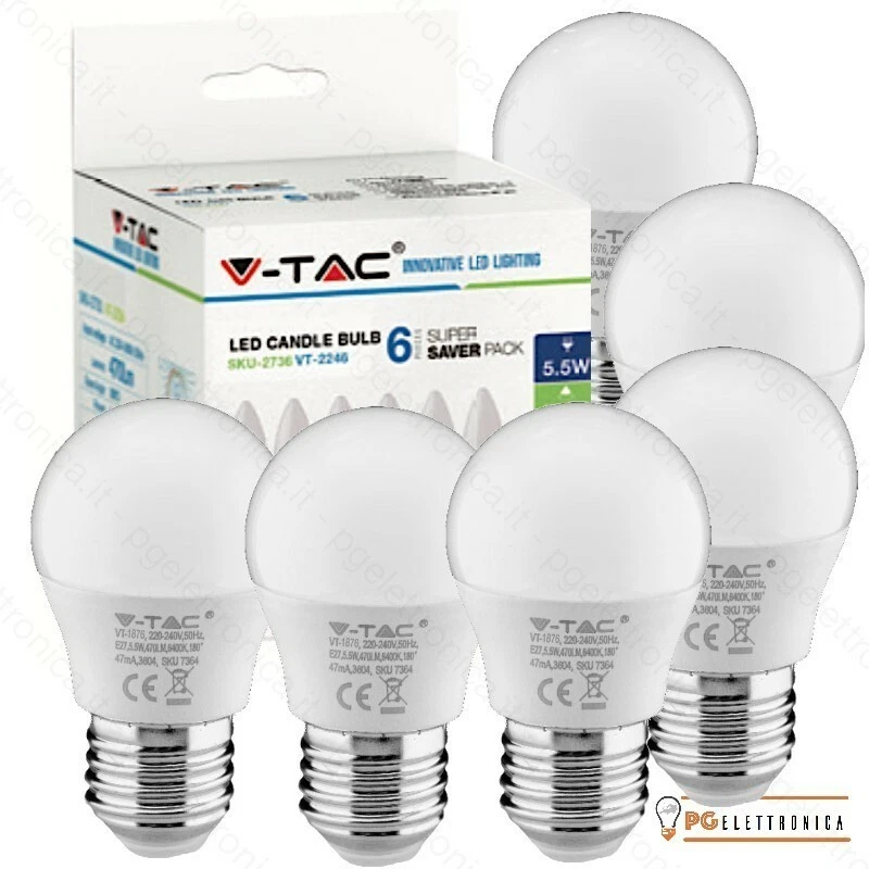 V-TAC VT-2256 SUPER SAVER PACK CONFEZIONE 6 LAMPADINE LED E27 5,5W MINIGLOBO G45