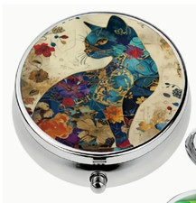 Black Cat pill box medicine floral Trinket NEW Free Ship 2 inch Stocking Stuffer