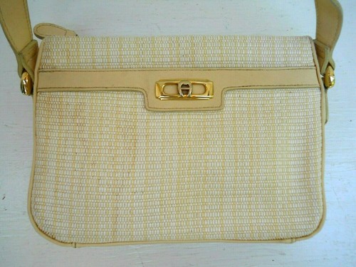 Etienne Aigner Small Beige Woven Cotton Blend Fabric 2-Compartment Shoulder Bag - Picture 3 of 11