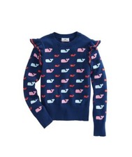 Vineyard Vines S 7 - 8 Girls Allover Whale Ruffle Sweater Fairisle Deep Bay Blue