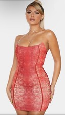 Prettylittlething Red Snake Print Binded Detail Clear Strap Bodycon Dress