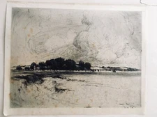 1900 FREDERIC VANGO BURRIDGE India Paper Etching Oxcliffe Marsh 16.5 x 11.5"