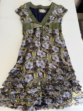 Free People A-Line Dress Womens Size 2 Green Brown Floral Tie-Back Short Sleeve