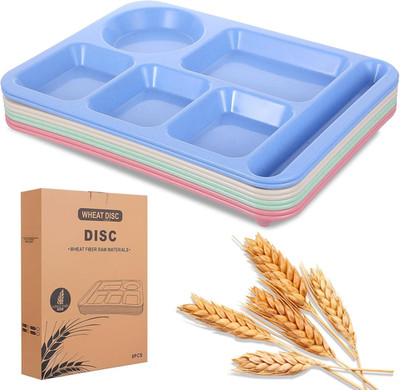 8 Pcs Divided Food Plates, 14'' Wheat Straw Tray, 5-Compartment Unbreakable Fast