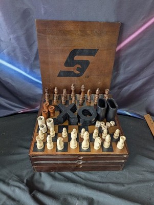 SNAP-ON 4 In 1 Wooden Game Box Checkers Chess Tic-tac-toe Backgammon Dice 