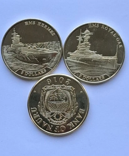Nauru set 2 coins 5 Dollars 2016 UNC Ships Obverse-reverse rotation 180 degrees