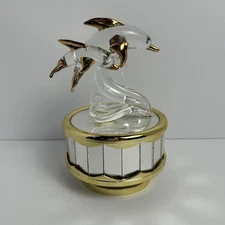 Dolphin And Calf Figurine Crystal On Mirrored Music Box Y2K Works