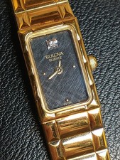 BULOVA Women's Watch, Gold Stainless, Black Textured Dial, New Battery, 12mm, 6"