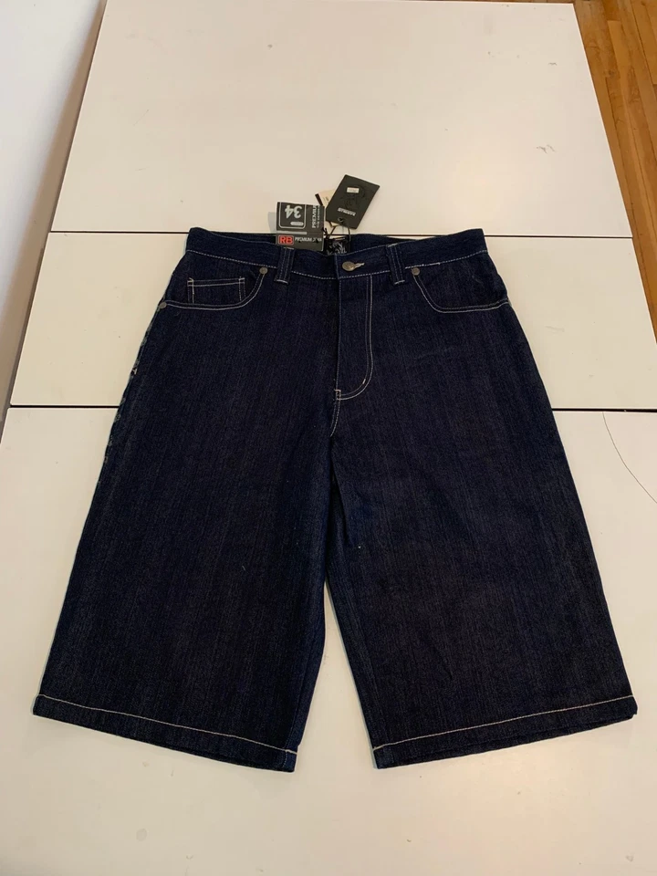 Vintage Raw Blue Jean Shorts 34 Dark Wash Y2K HipHop Baggy Denim Grunge Cyber - Image 2 of 4