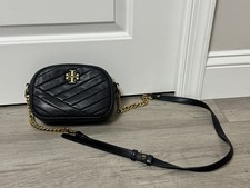 Tory Burch Kira Chevron Small Camera Bag Black Leather Gold Chain Crossbody New