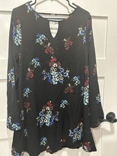 American Rose Women's Black Floral Long Sleeve Keyhole Shift Dress Sz L