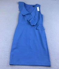 Ann Taylor Dress Womens 4 Blue V Neck Ruffles Sleeveless Waisted Back Zip NWT