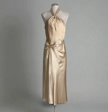 Aspeed Gold Halter Draped Gown Size M Satin w Rhinestone Brooch Slit Backless