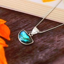 Natural Labradorite Necklace Green Gold Flash Oval Gemstone Silver Pendant 2721
