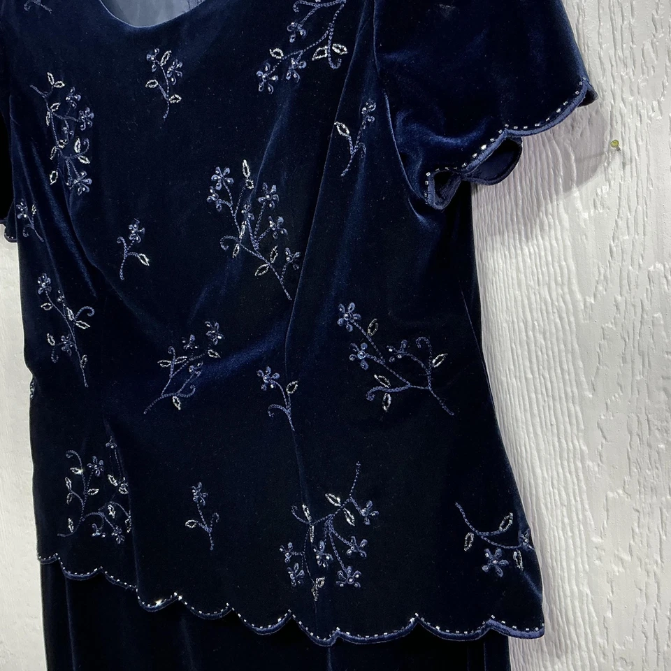 R&M Richards Dress Womens 16P Blue Velvet Sheath Floral Embroidered Long Elegant - Image 3 of 4
